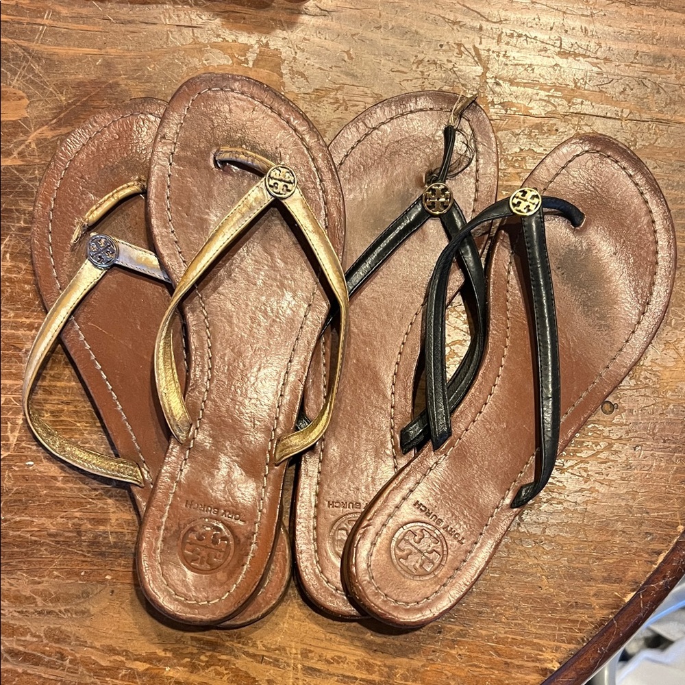 Tory Burch Gold and Black Leather Sandals